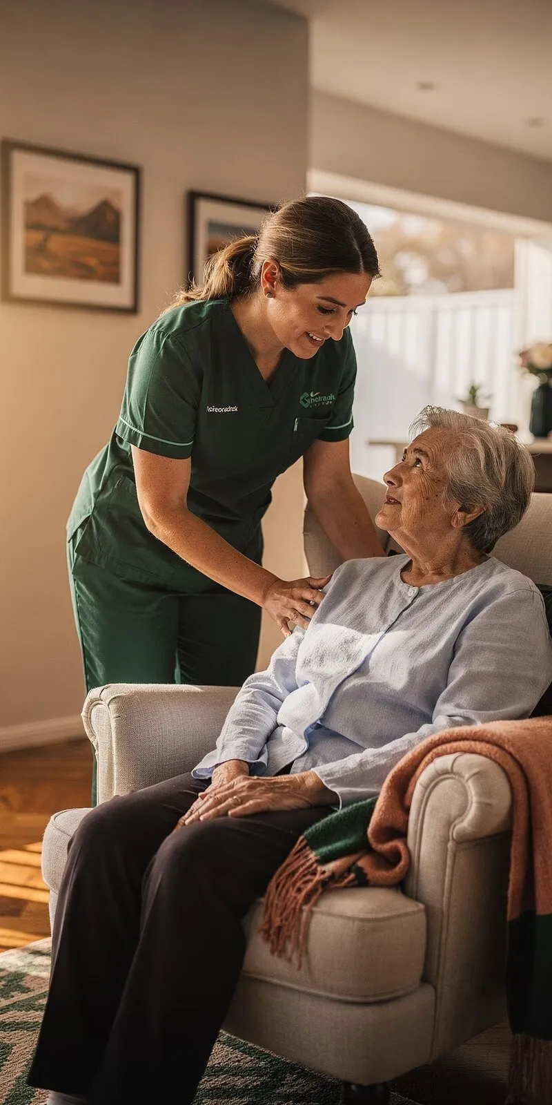 A carer gently supporting an older woman seated in her armchair at home
