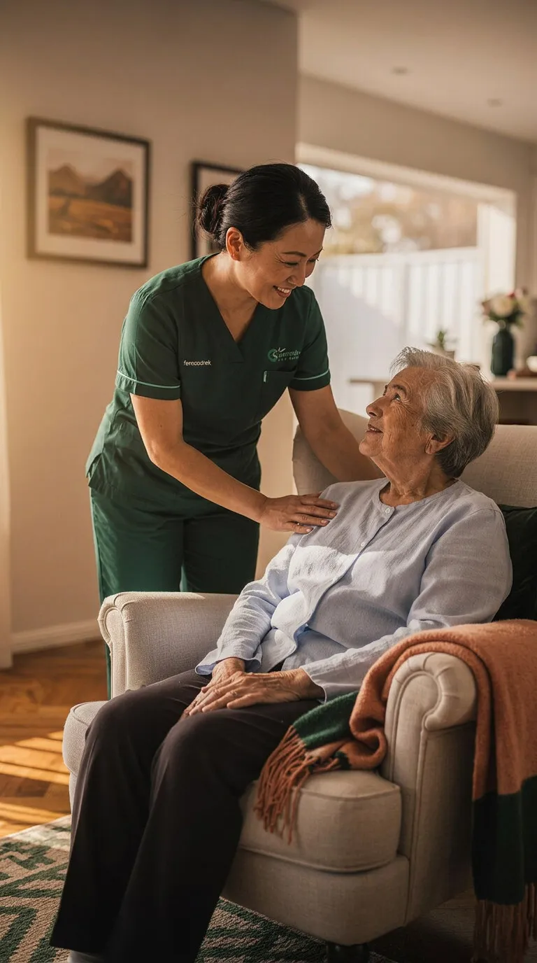 A warm-hearted AMIX Care nurse sharing a moment with an older woman at home