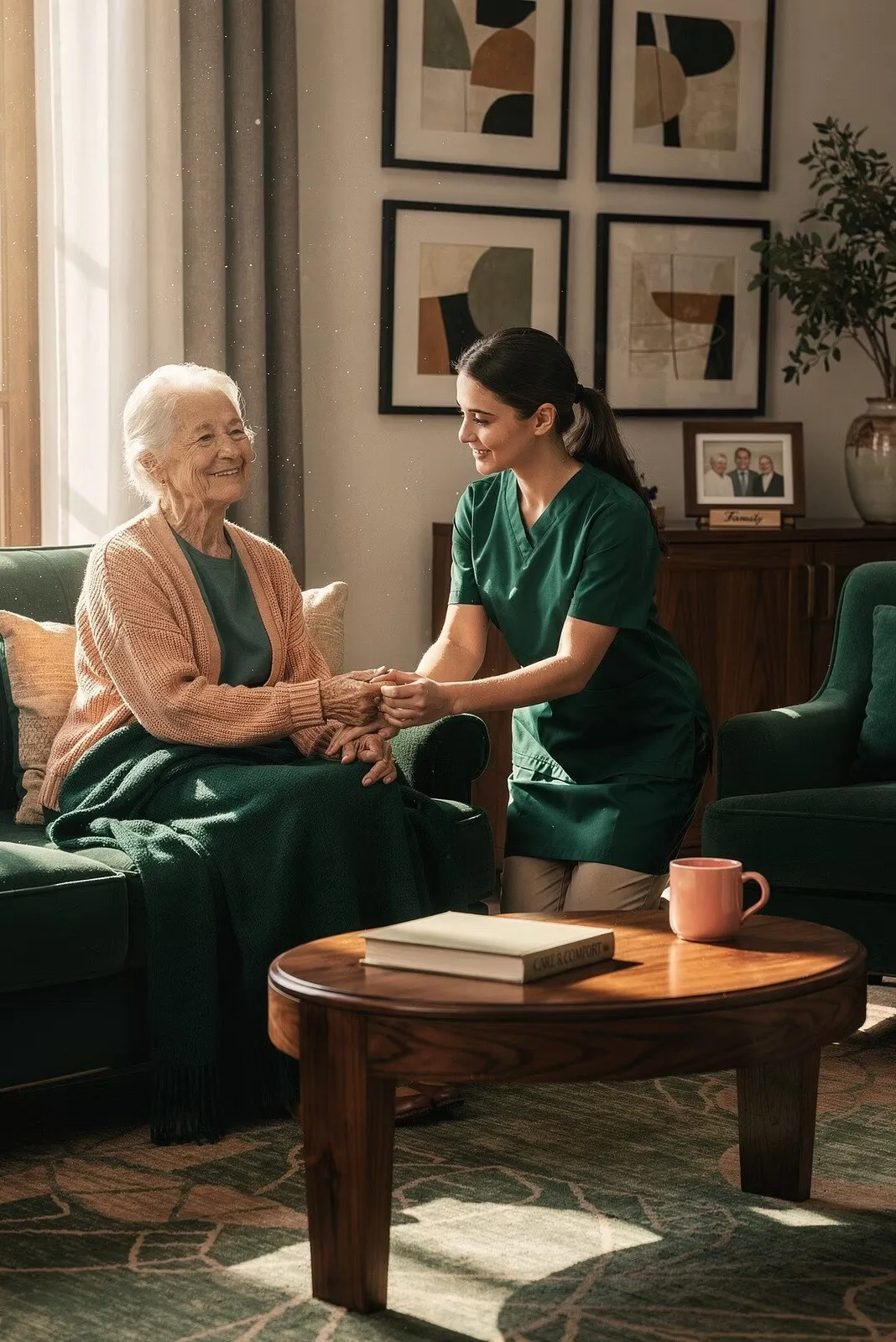A nurse kneeling to gently hold an older woman’s hands