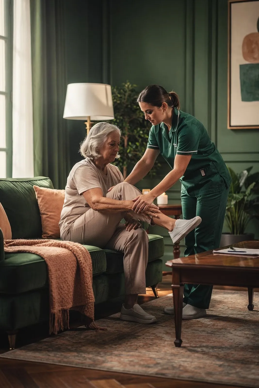 A nurse assisting an older woman with gentle mobility support