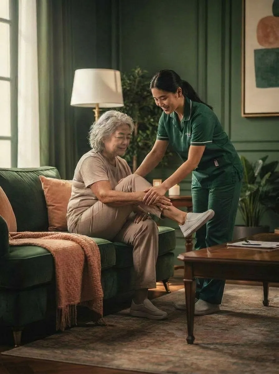 A nurse assisting an older woman with gentle mobility support