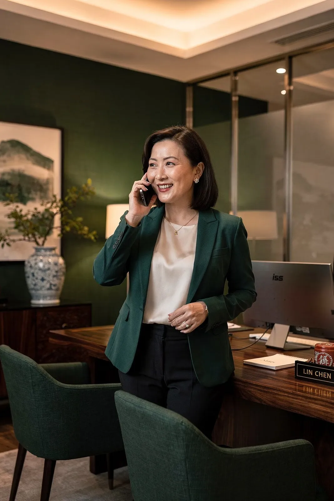 A team member taking an enquiry call in the office
